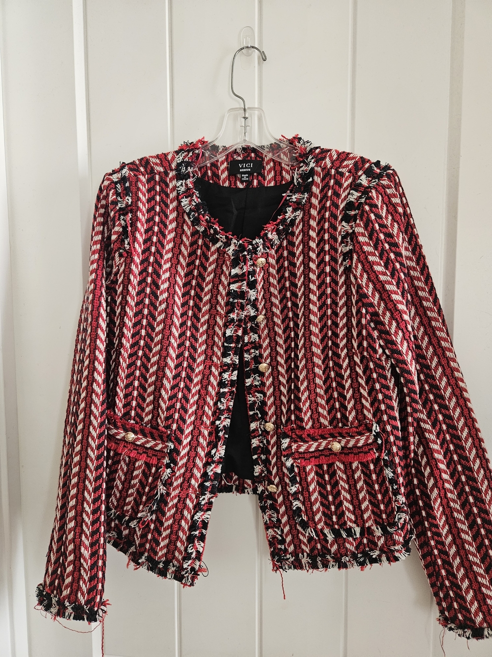 VICI Red Black White Chevron Tweed Fringe Blazer